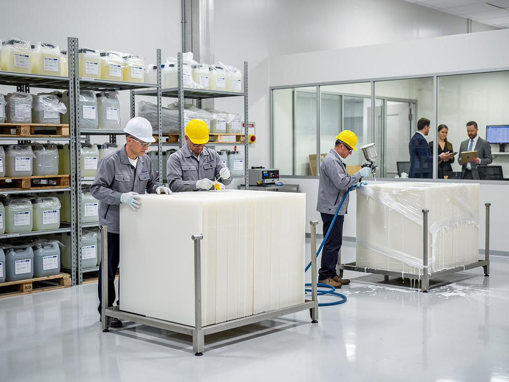 Técnicos con cascos trabajando en laboratorio industrial con bloques de espuma y contenedores químicos en estanterías
