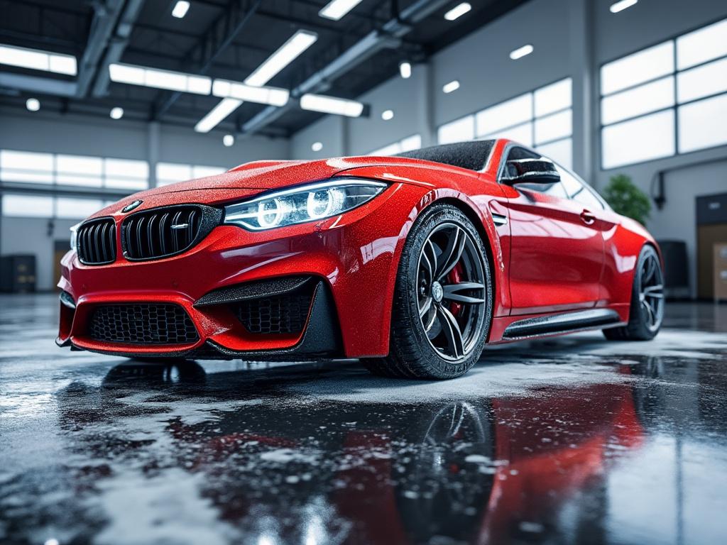 Auto deportivo rojo brillante en un garaje moderno con iluminación intensa y reflejos en el piso.