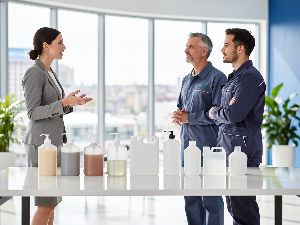 Ejecutiva presenta productos químicos de limpieza a técnicos profesionales en una oficina moderna Ejecutiva presenta productos químicos de limpieza a técnicos profesionales en una oficina moderna