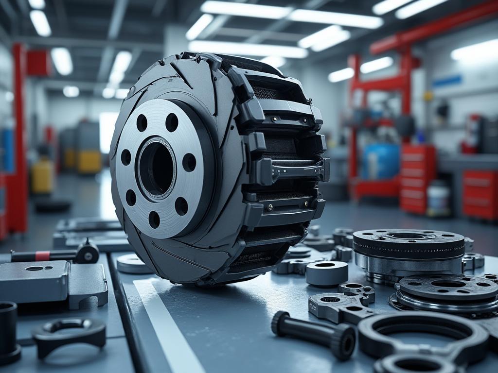 Un embrague de automóvil en un taller mecánico con herramientas y piezas esparcidas en la mesa.