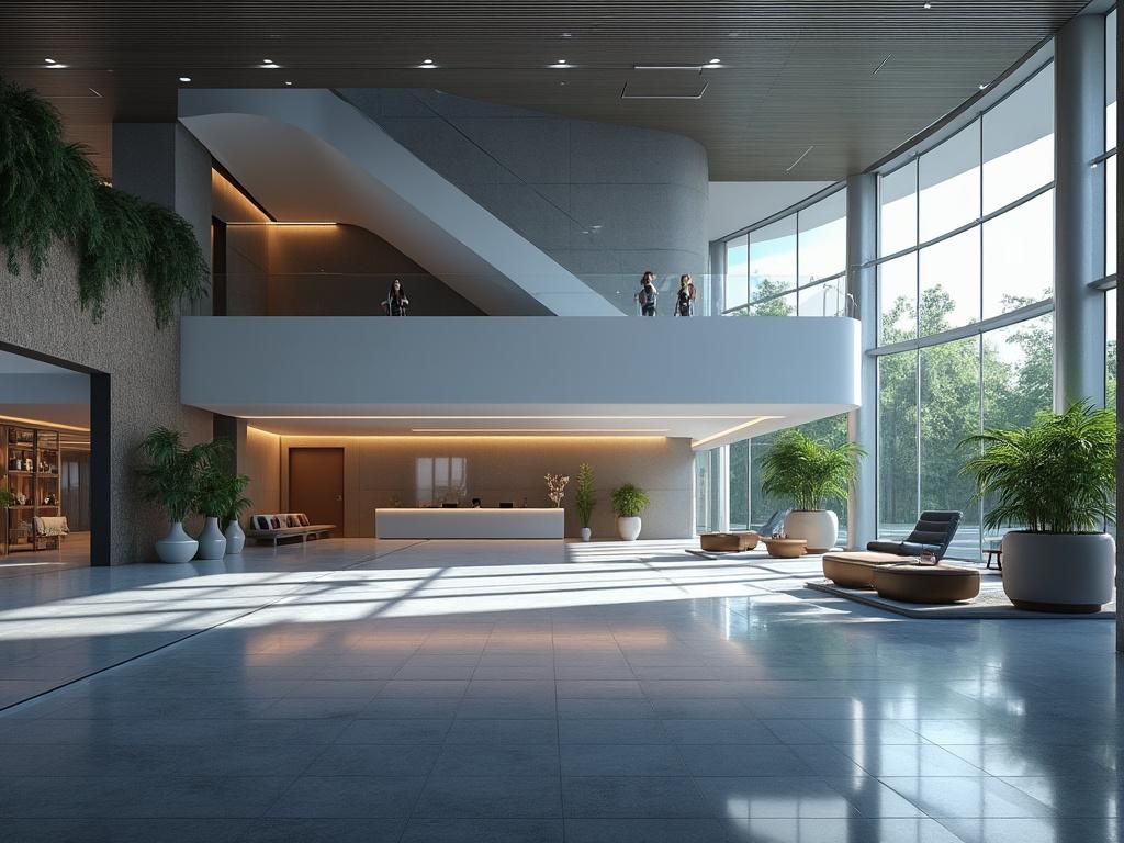 Vestíbulo moderno con ventanales, plantas y mobiliario elegante, destacando una escalera flotante y techo de madera.