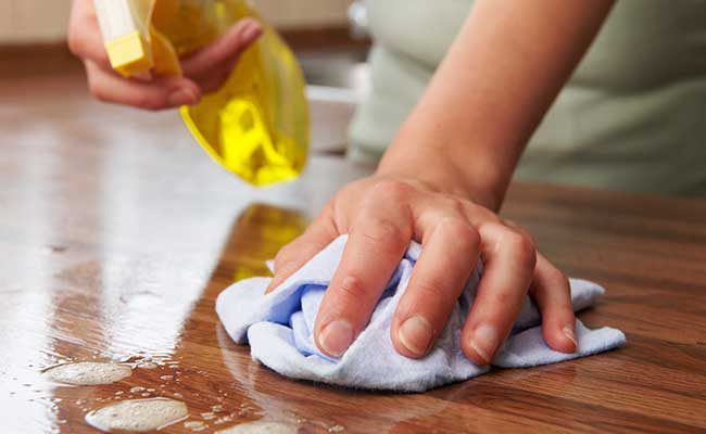 Woman Using Spray Cleaner On Wooden Surface