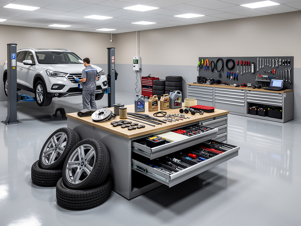 Taller mecánico moderno con coche en elevador, mecánico trabajando y herramientas de reparación automotriz organizadas Taller mecánico moderno con coche en elevador, mecánico trabajando y herramientas de reparación automotriz organizadas