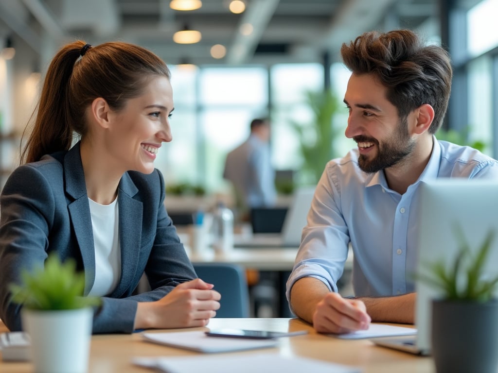 Smiling business colleagues discussing work at a laptop in a modern office