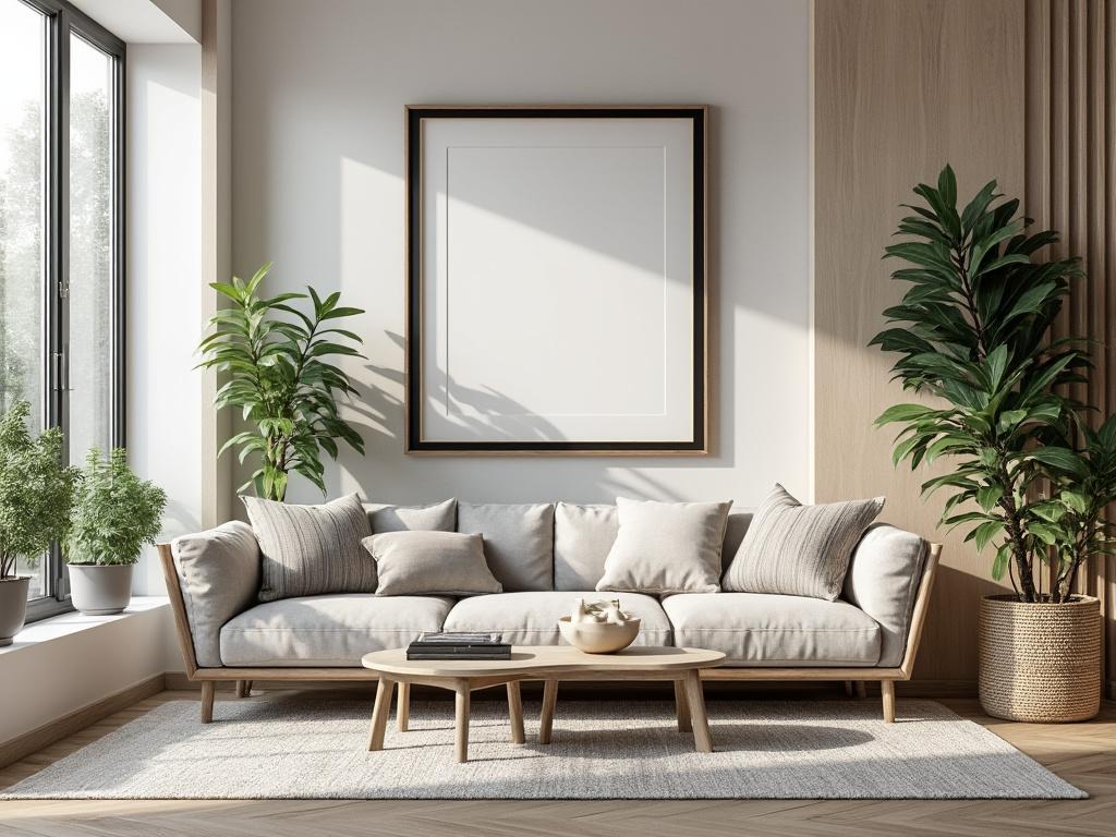 Sala de estar moderna con sofá beige, mesa de centro de madera, plantas en macetas y cuadro en la pared.