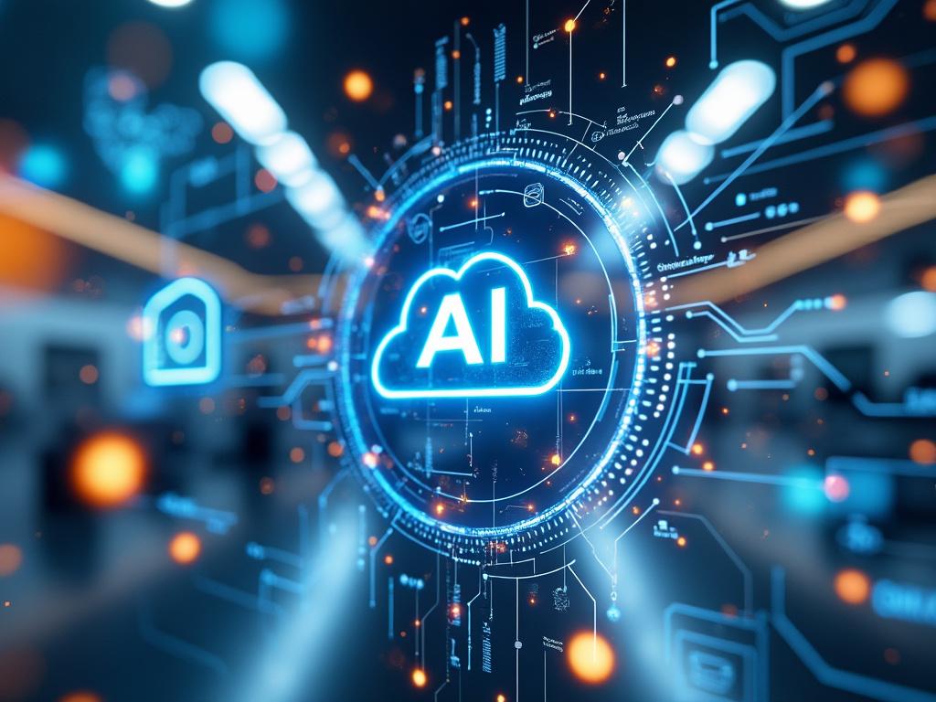 Futuristic digital interface with AI cloud symbol surrounded by glowing network connections.