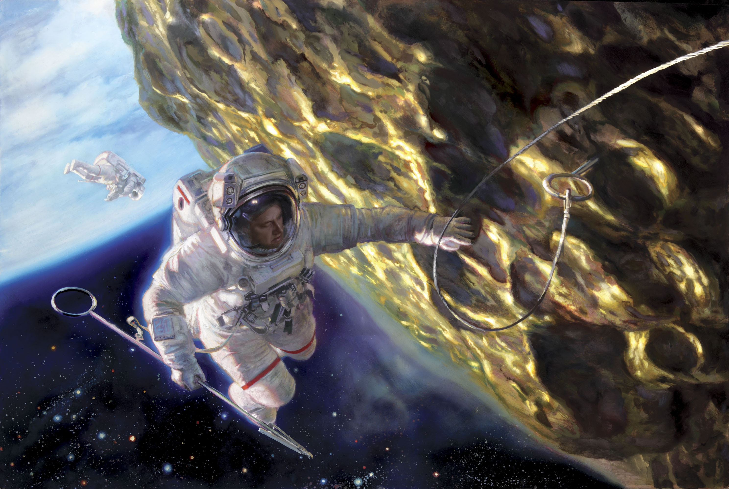 Asteroid Mining
24" x 36" Oil on Panel 2008
Exhibited at the Kennedy Space Center, Cape Canaveral and appearing as an editorial illustration Playboy magazine  2008
Framed
