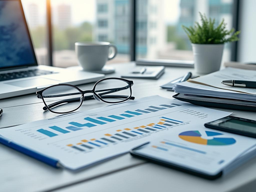 Escritorio de oficina con gráficos financieros, portátil, gafas y taza de café.