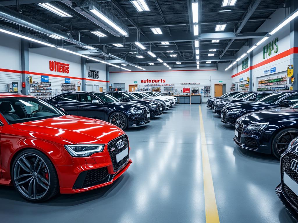 Concesionario de autos con una fila de coches Audi, incluyendo un Audi rojo destacado al frente y varios autos oscuros alineados en el interior espacioso.