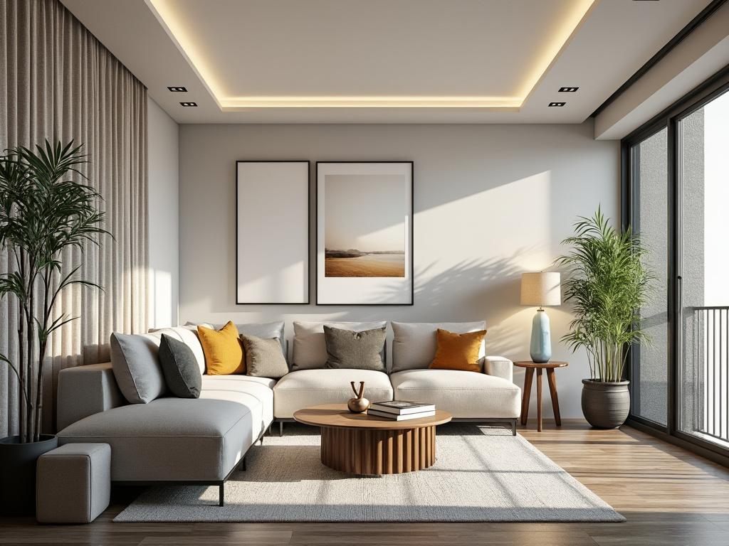 Modern living room with cozy beige sectional sofa, colorful cushions, wooden coffee table, large potted plants, and floor-to-ceiling windows.