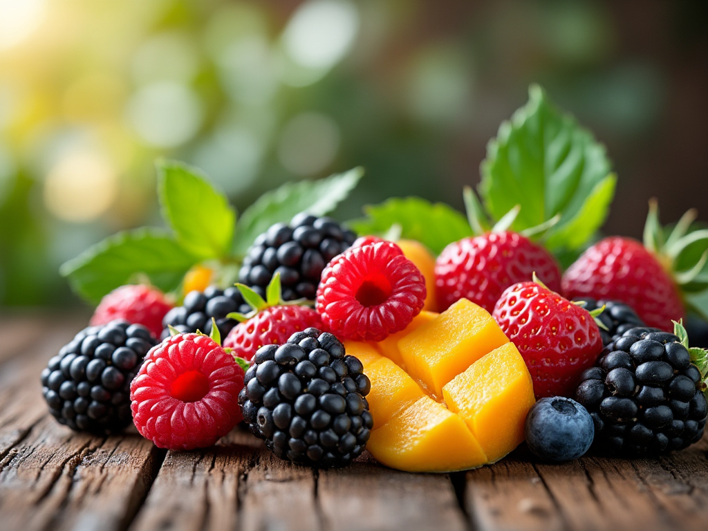 Frutas frescas sobre madera, incluyendo frambuesas, moras, arándanos, fresas y mango cortado.