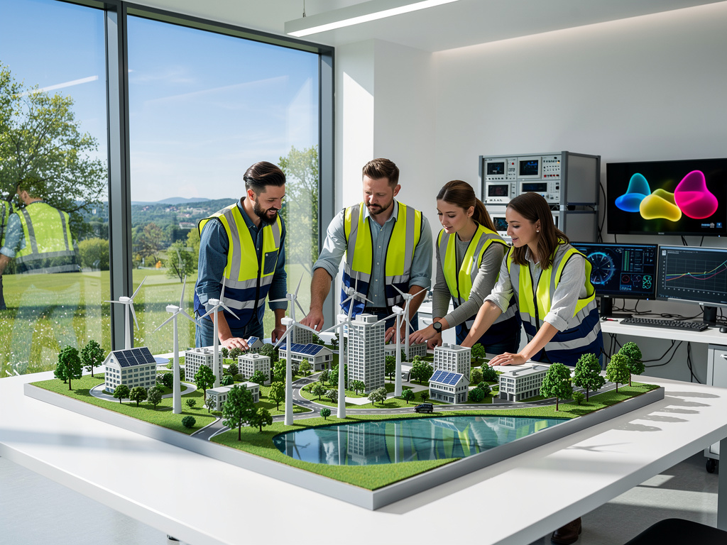 Ingenieros con chalecos reflectantes analizan una maqueta de ciudad sostenible con aerogeneradores, paneles solares y edificios en laboratorio moderno