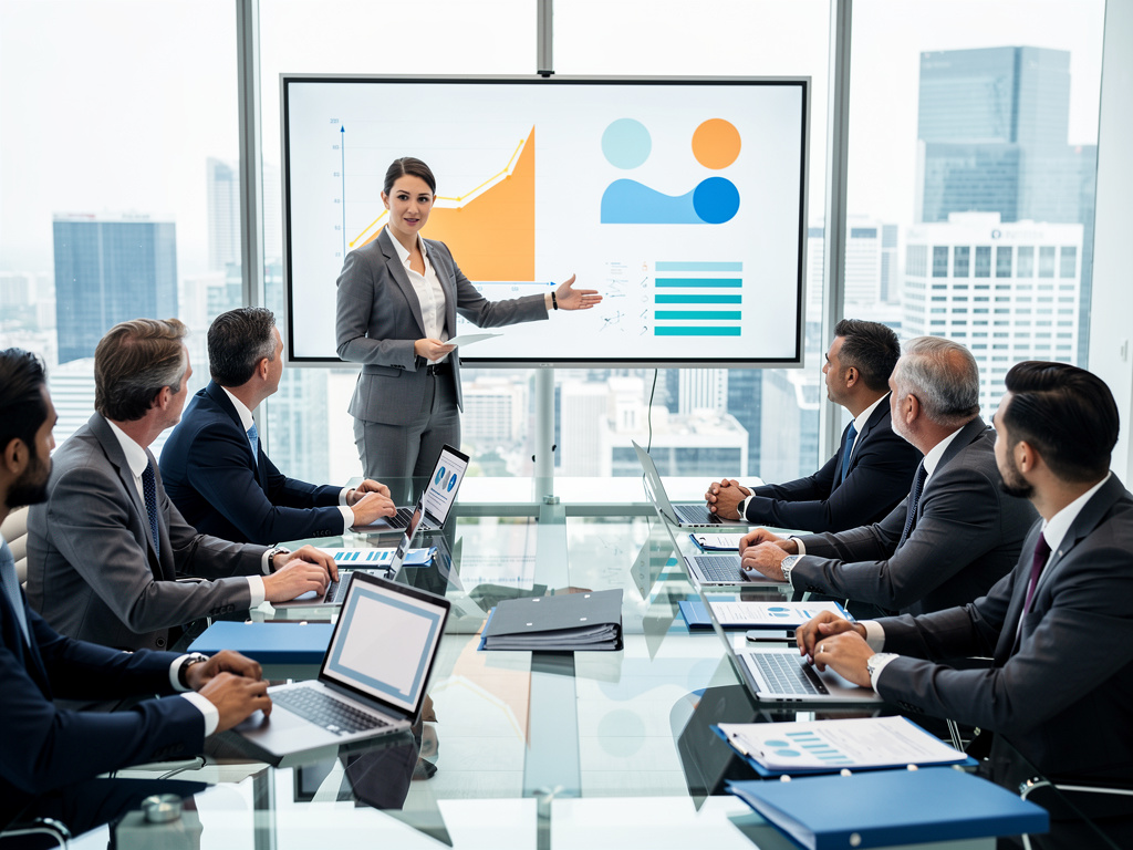 Ejecutiva presenta gráficos de crecimiento a equipo empresarial en sala de reuniones moderna
