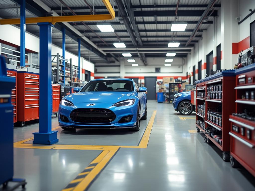 Coche deportivo azul estacionado en un taller mecánico bien iluminado con herramientas y equipos organizados.