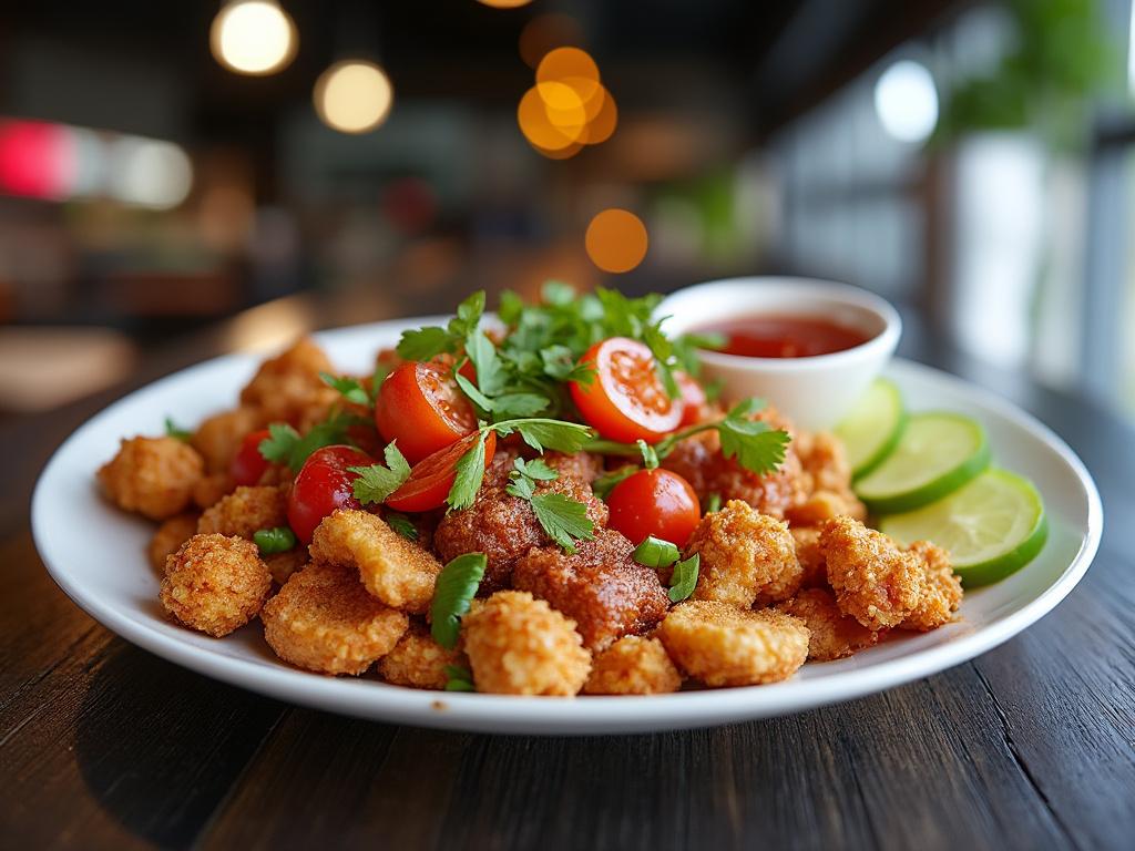 Plato de calamares fritos con rodajas de limón, tomates cherry y salsa de acompañamiento.