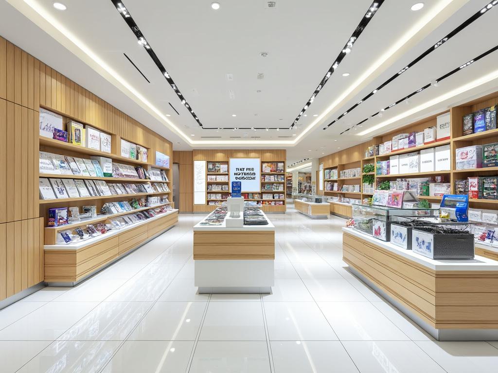 Interior de una tienda moderna con estantes de libros y productos organizados, iluminación brillante y diseño contemporáneo.