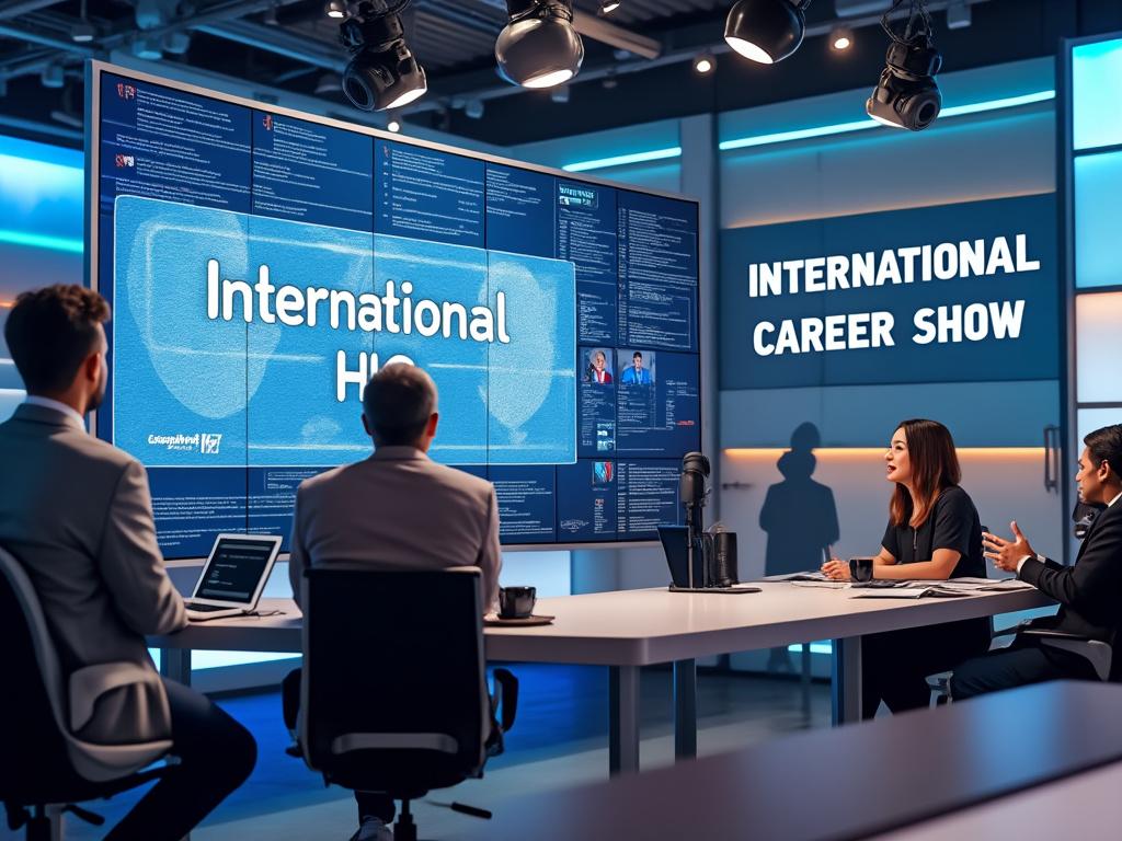 Four professionals discussing under a large display titled 'International HR' at an International Career Show. Four professionals discussing under a large display titled 'International HR' at an International Career Show.