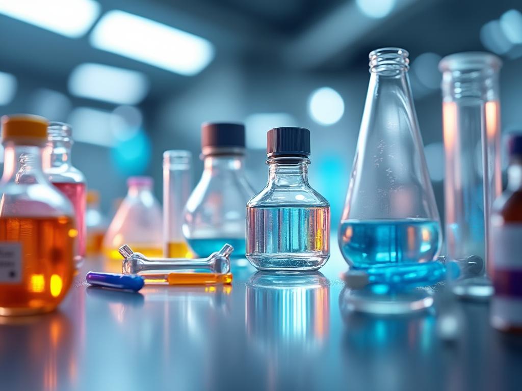 Varios frascos y tubos de ensayo con líquidos de diferentes colores en un laboratorio iluminado.