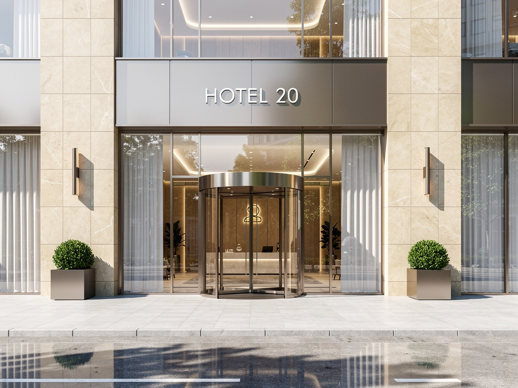 Entrada moderna del Hotel 20 con puerta giratoria de vidrio, fachada de mármol y macetas decorativas