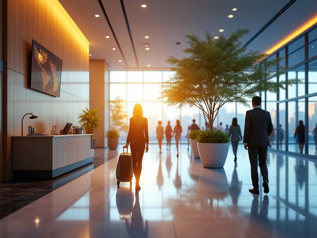 Modern hotel lobby with people walking, large potted plants, and sunlight streaming through floor-to-ceiling windows.