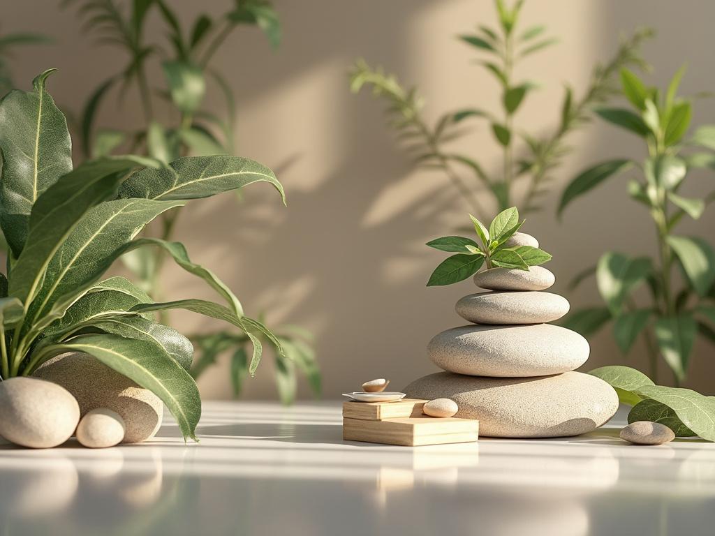 Piedras apiladas con hojas verdes, rodeadas de plantas en un fondo de tonos tierra, creando una escena de calma y naturaleza.