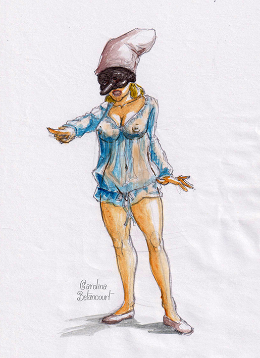 Chica vestida de arlequin con antifaz y gorro