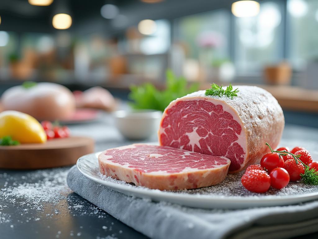 Close-up of a marbled ribeye steak on a plate next to cherry tomatoes and garnished with herbs, set in a modern kitchen.