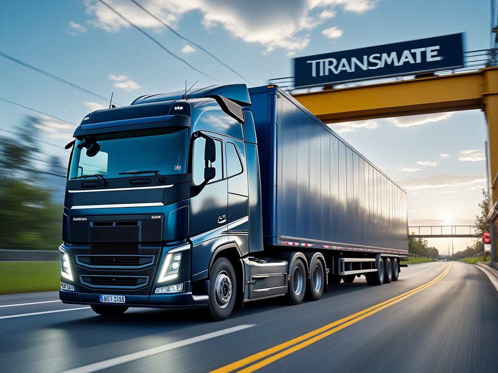 Camión azul de carga en carretera bajo un puente con letrero 'TRANS MATE' al atardecer.