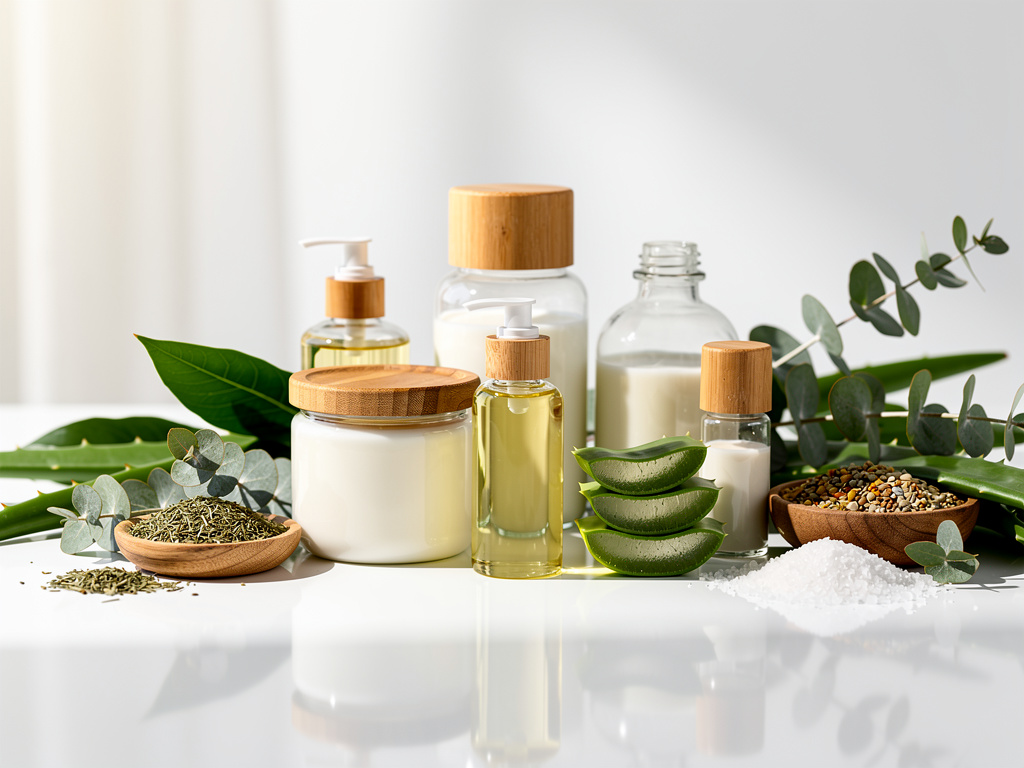 Productos cosméticos naturales con aloe vera, aceites esenciales, crema, hierbas, sales y eucalipto sobre mesa blanca Productos cosméticos naturales con aloe vera, aceites esenciales, crema, hierbas, sales y eucalipto sobre mesa blanca