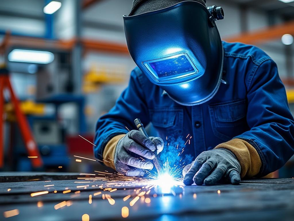Soldador con máscara de protección trabajando con soplete en taller, generando chispas y luz intensa.
