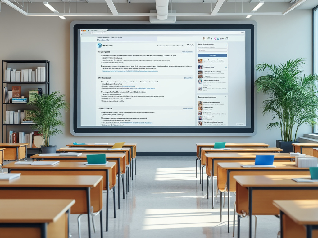 Aula moderna con escritorios de madera, pantalla grande con contenido digital, estantería con libros y plantas decorativas.