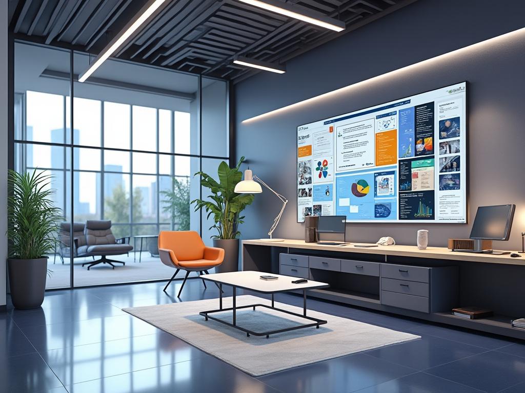 Oficina moderna con escritorio amplio, dos computadoras, pantalla grande con gráficas, sillón naranja, plantas y ventanal con vista urbana.