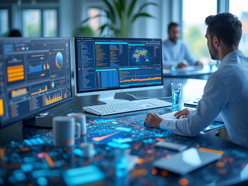 Hombre analizando datos en múltiples pantallas en una oficina moderna.