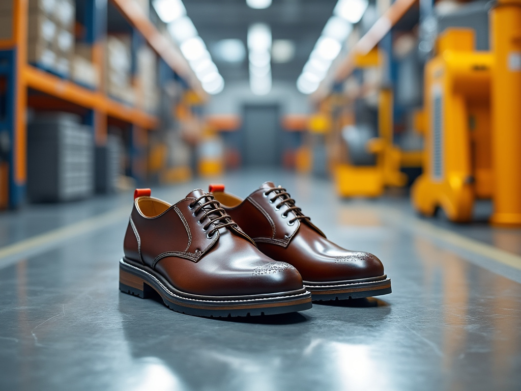 Zapatos de cuero marrón en almacén con fondo desenfocado y estanterías.