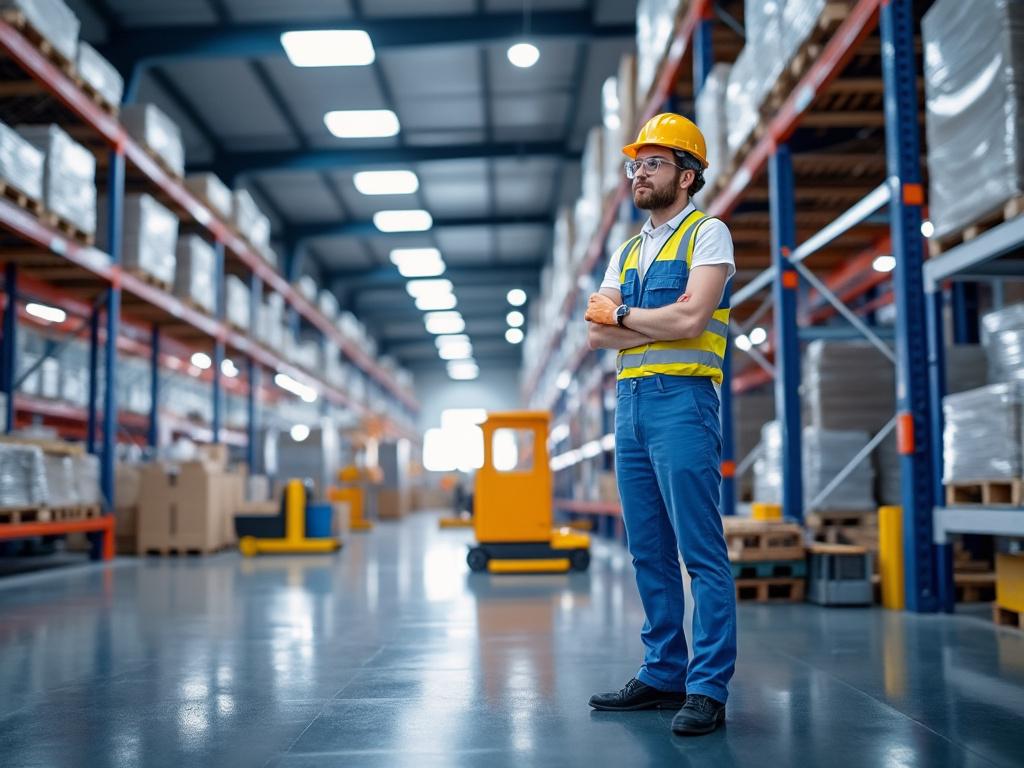 Warehouse worker in safety gear standing in a large storage facility with shelves of boxes and a forklift in the background.