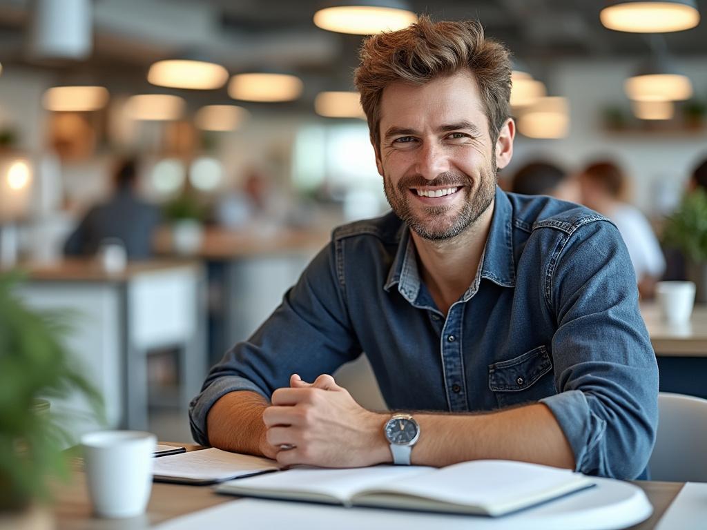 Smiling man in denim shirt sitting at a desk in modern office setting with blurred background.