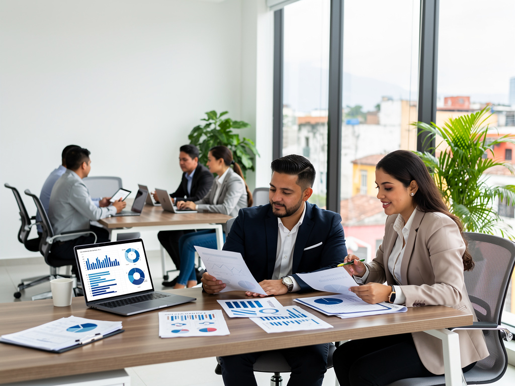 Business professionals reviewing financial charts and reports during a meeting in a modern office