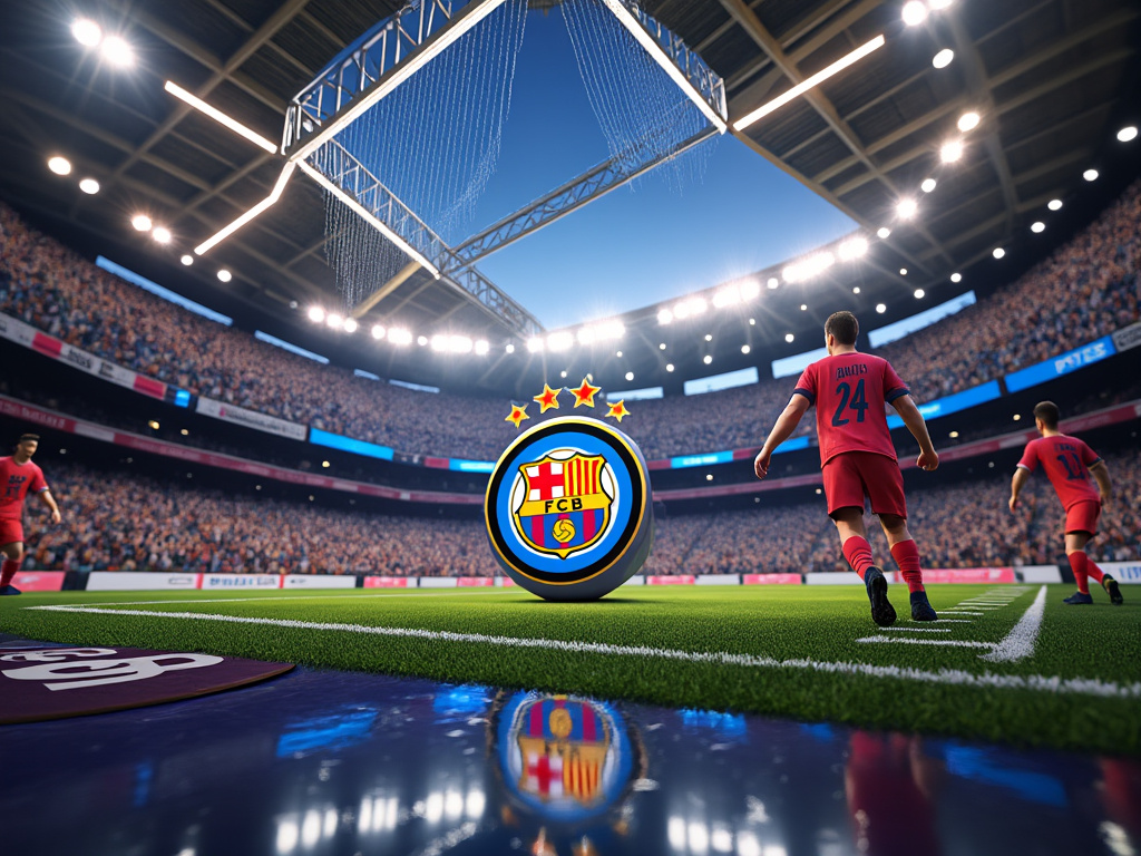 Soccer stadium with crowd, players in red kits warming up, large FCB logo on field, bright stadium lights overhead.