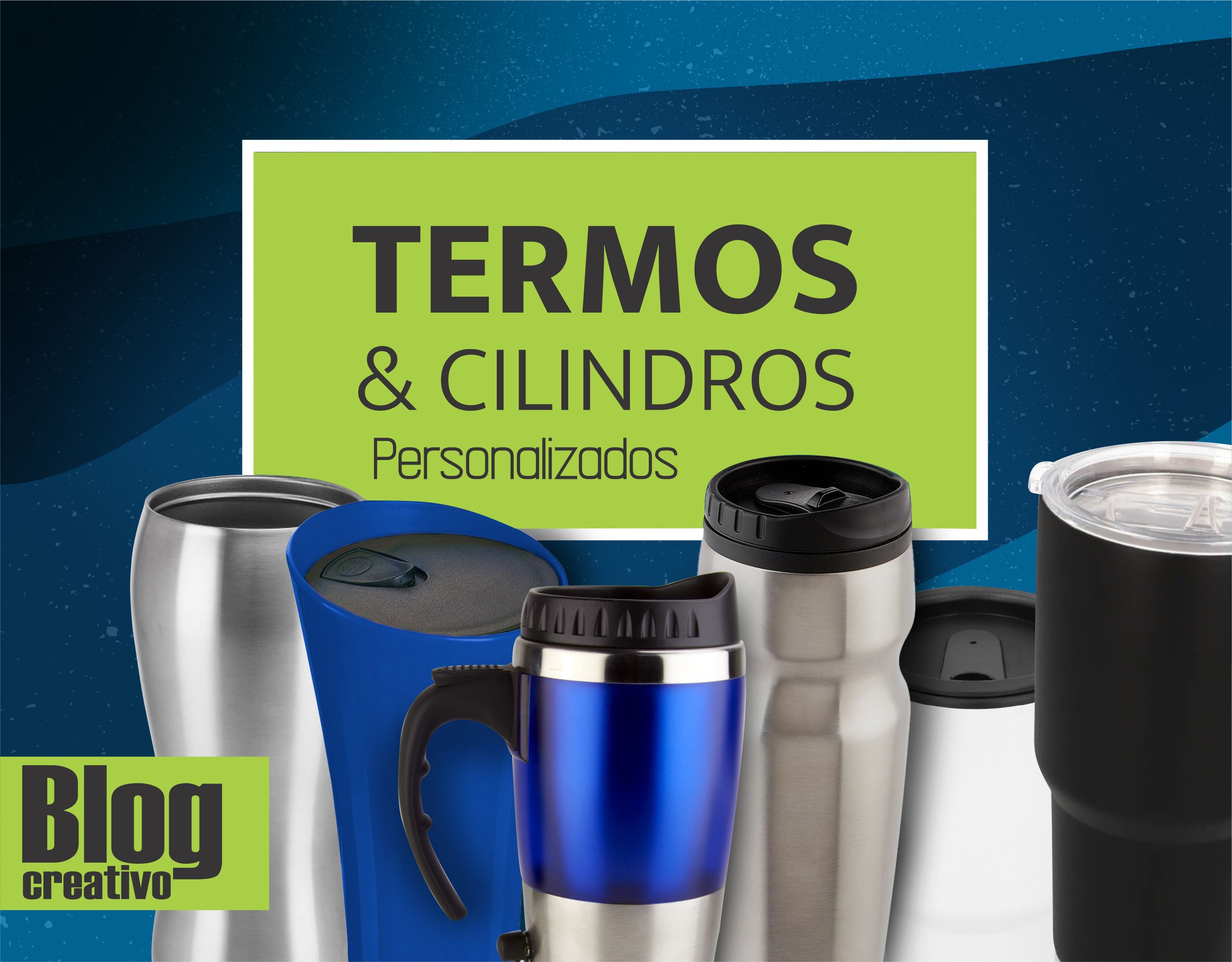 Imagen de termos y cilindros personalizados con fondo azul y texto destacado en verde.