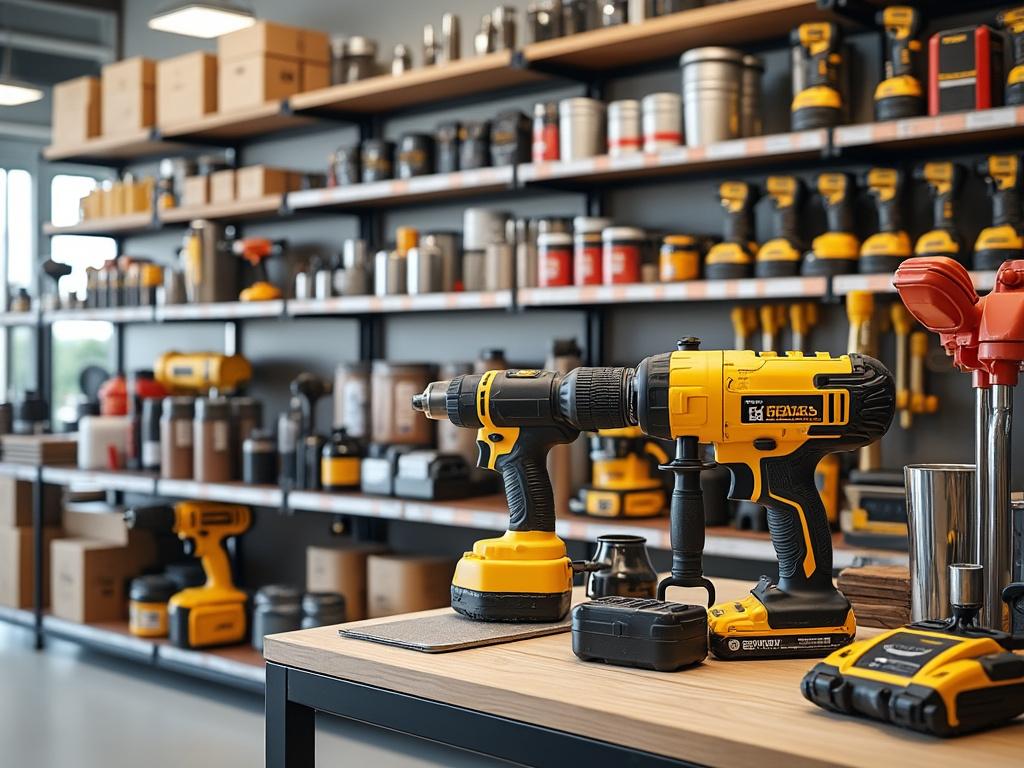 Taladro eléctrico amarillo en tienda de herramientas llena de estantes con equipo y cajas.
