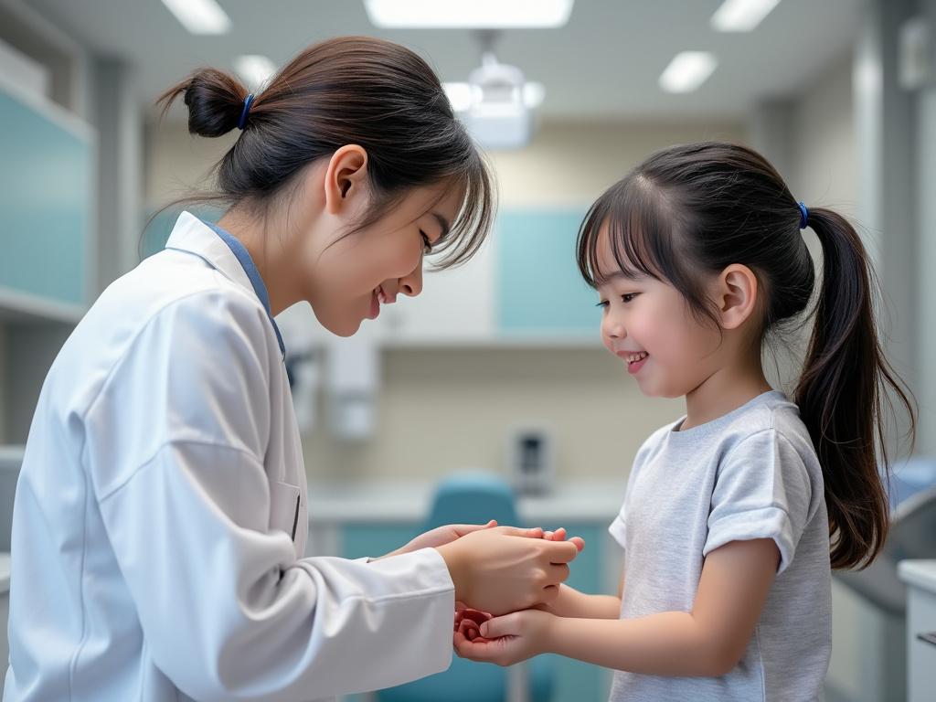 Doctora sonriendo mientras examina las manos de una niña en una consulta médica moderna.
