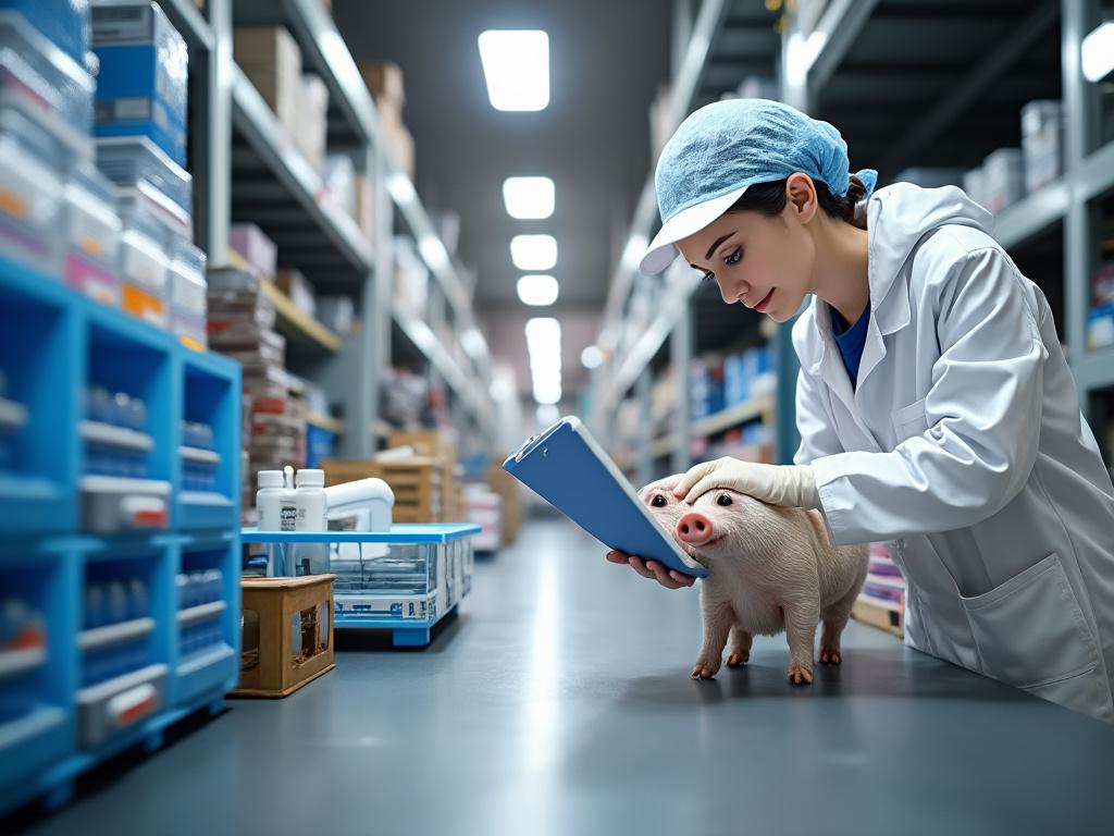 Veterinaria en laboratorio revisando una tableta y examinando un cerdito sobre la mesa.