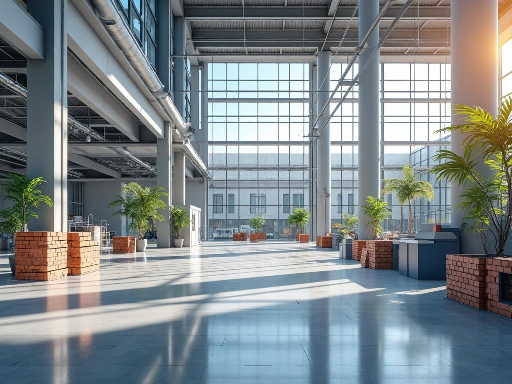 Interior de un amplio edificio industrial con ventanas grandes, columnas grises, plantas verdes en macetas y luz solar entrando.