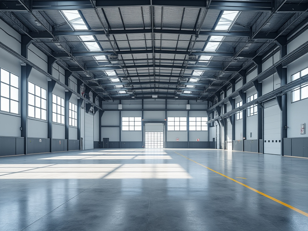 Interior de un amplio almacén industrial con techo alto y ventanas grandes, suelo de cemento pulido y líneas amarillas en el piso.