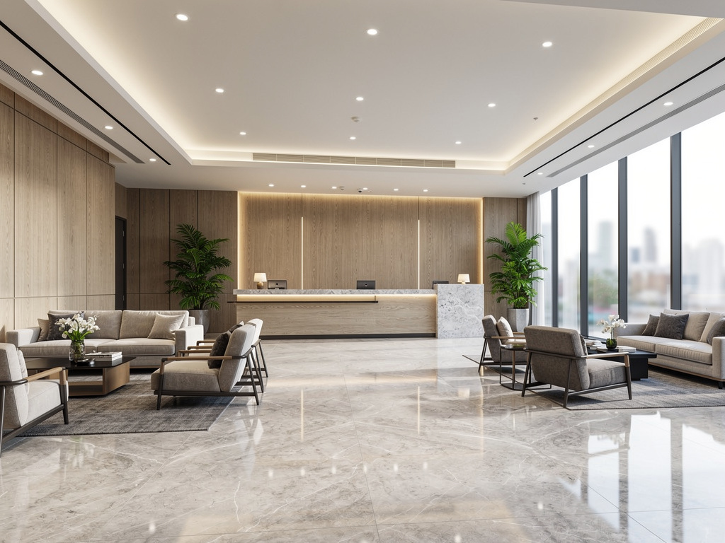 Vestíbulo moderno de hotel con recepción elegante, sofás, plantas y grandes ventanales con vistas urbanas
