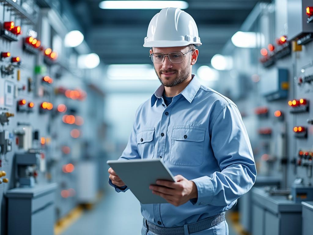 Ingeniero con casco y tablet inspecciona equipo en una sala de control industrial.
