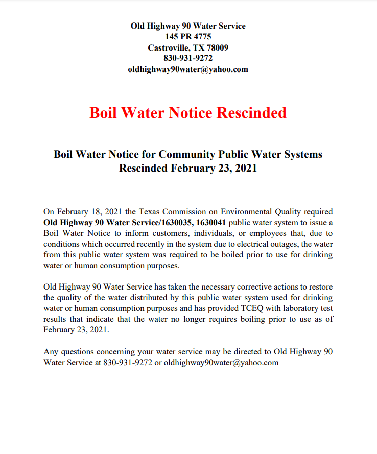 Old Highway 90 Water Service Notices