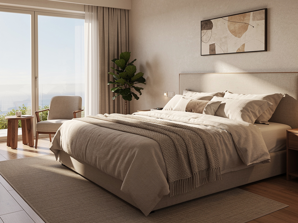 Dormitorio moderno y luminoso con cama beige, ventanal al mar, sillón, planta decorativa y arte abstracto en la pared