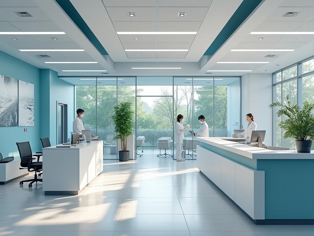 Interior de una clínica moderna con personal médico trabajando en la recepción, decoración minimalista y luz natural entrando por las ventanas.