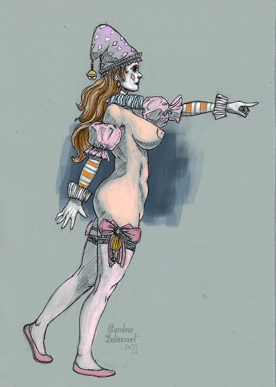 Chica desnuda con gorro de arlequin